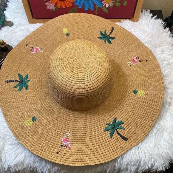 Source Unknown Accessories - Women's Beige Palm Tree Embroidered Straw Sun Hat Wide Brim Summer Casual